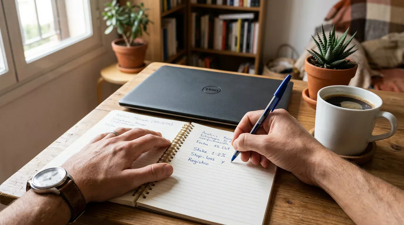 Manos de una persona adulta tomando notas en un cuaderno junto a una taza de café y un portátil cerrado, enfoque cálido de oficina doméstica