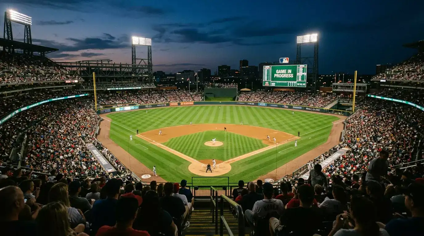 Panorámica de un estadio de MLB durante un partido nocturno con el marcador iluminado y vista desde las gradas