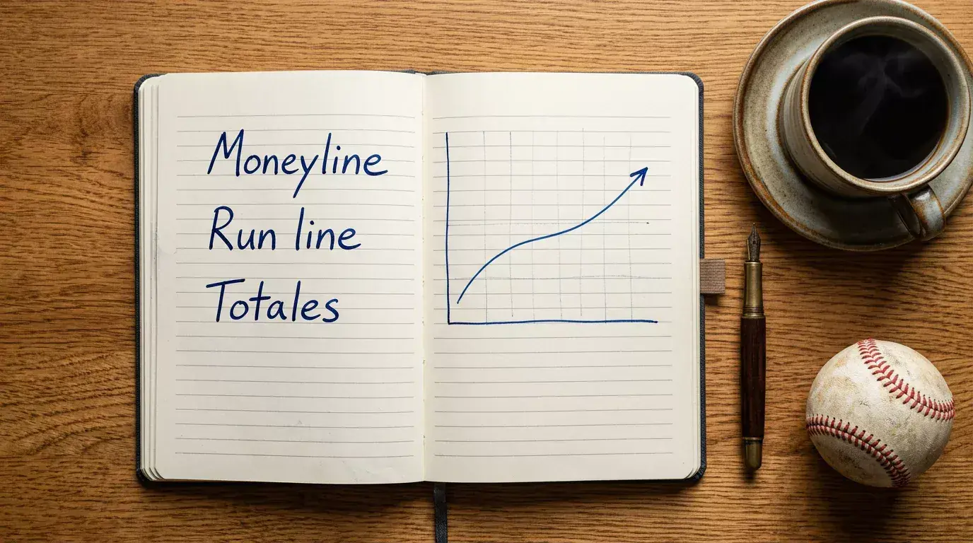 Cuaderno abierto sobre mesa de madera con apuntes manuscritos en español sobre moneyline y run line junto a un café